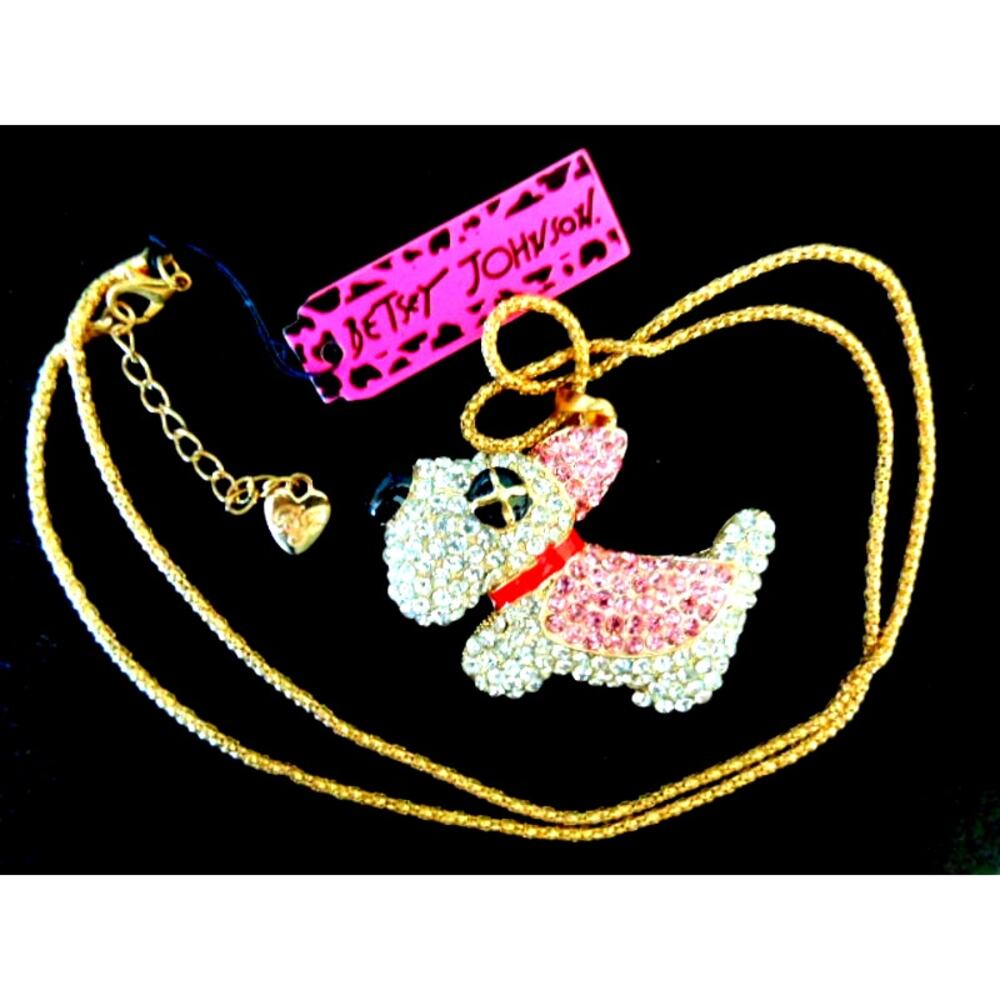 New Y2K Betsey Johnson Scottie Dog Pave Pink Crystal Pendant Charm Necklace